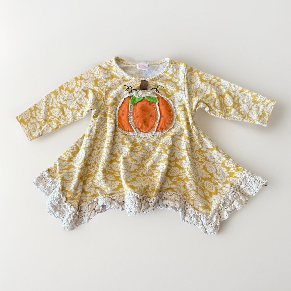 Peaches 'n Cream Size 24 Month Pumpkin Tunic Top Yellow Paisley Lace